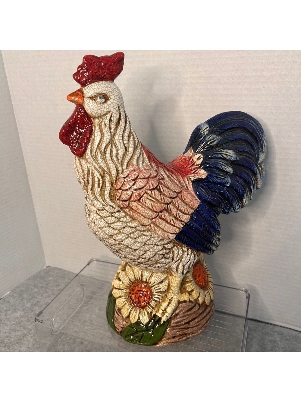 Vintage Ceramic Rooster Sunflowers Farmhouse French Country 12x9x4” No Flaws